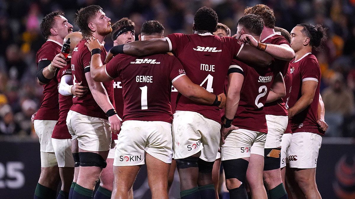 Lions players in a huddle during match against ACT Brumbies on 2025 Lions tour