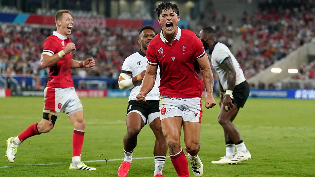 Louis Rees-Zammit celebrates Wales win over Fiji at 2023 Rugby World Cup