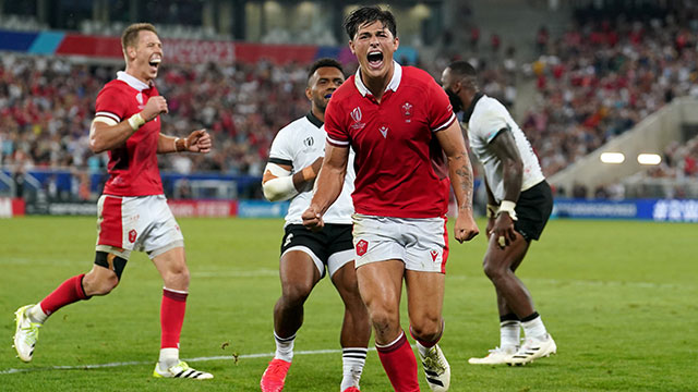 Louis Rees-Zammit celebrates Wales win over Fiji at 2023 Rugby World Cup