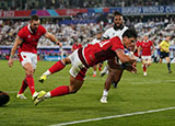 Louis Rees-Zammit scores a try for Wales v Fiji at 2023 Rugby World Cup