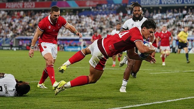 Louis Rees-Zammit scores a try for Wales v Fiji at 2023 Rugby World Cup