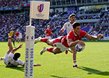 Louis Rees-Zammit scores a try for Wales v Georgia at 2023 Rugby World Cup