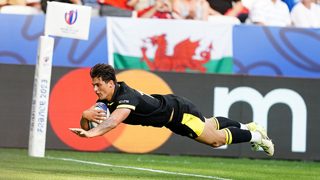 Louis Rees-Zammit scores a try for Wales v Portugal at 2023 Rugby World Cup