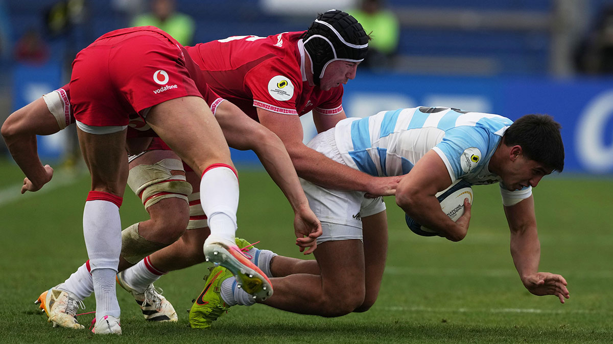 Lucio Cinti is tackled during Argentina v Wales match in 2026 Nations Championship