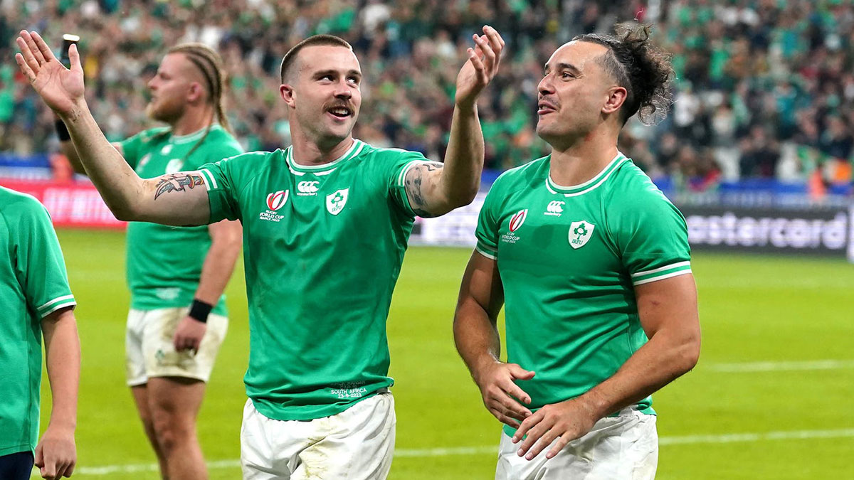 Mack Hansen and James Lowe after Ireland v Scotland match at 2023 Rugby World Cup