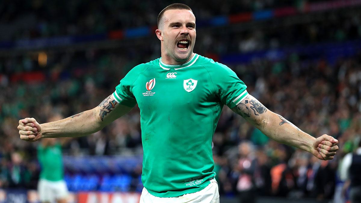 Mack Hansen celebrates Ireland victory over South Africa at 2023 Rugby World Cup