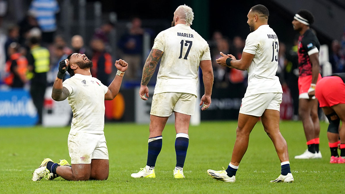 Manu Tuilagi celebrates England victory over Fiji in 2023 Rugby World Cup quarter finals