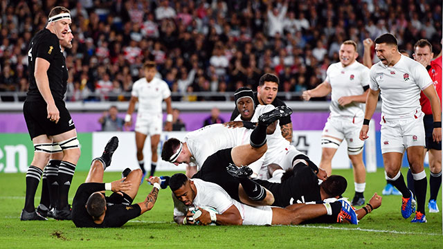 Manu Tuilagi scores a ty for Egland v New Zealand in World Cup semi final