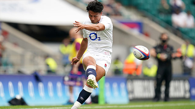 Marcus Smith kicks a conversion for England v Canada during summer test