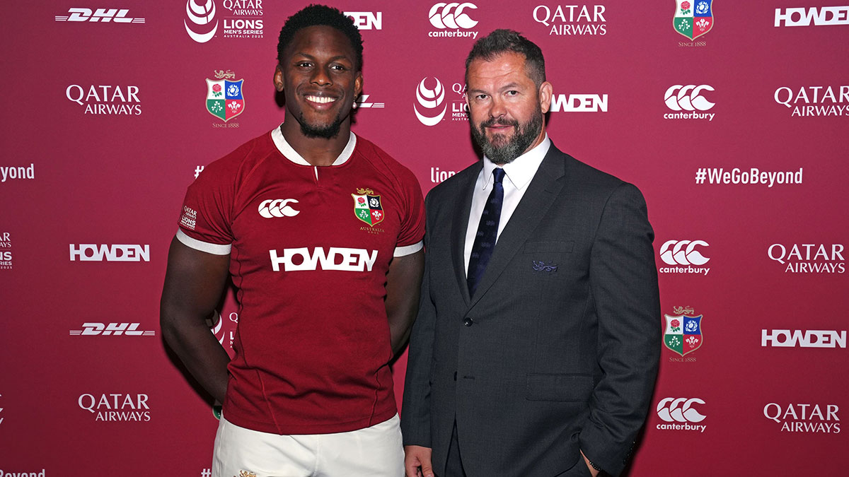 Maro Itoje and coach Andy Farrell at the 2025 Lions squad announcement