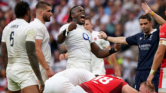Maro Itoje celebrates his try for England v Wales in 2023 summer internationals