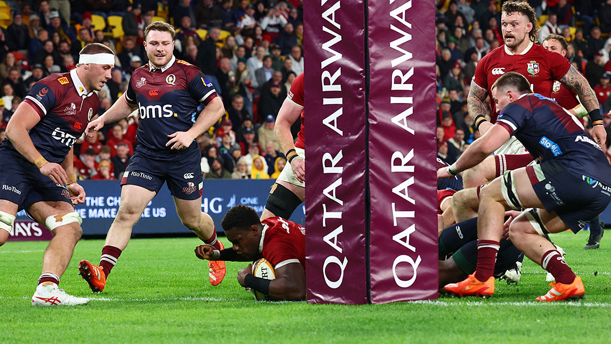 Maro Itoje scores a try for Lions against Queensland Reds during 2025 Lions tour