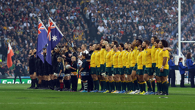 New Zealand and Australia line up during the 2015 Rugby World Cup final at Twickenham