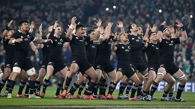 New Zealand players perform the haka before a match against Ireland at the Aviva Stadium in November 2018