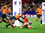 Nick Tompkins scores a try for Wales v Australia in 2023 Rugby World Cup