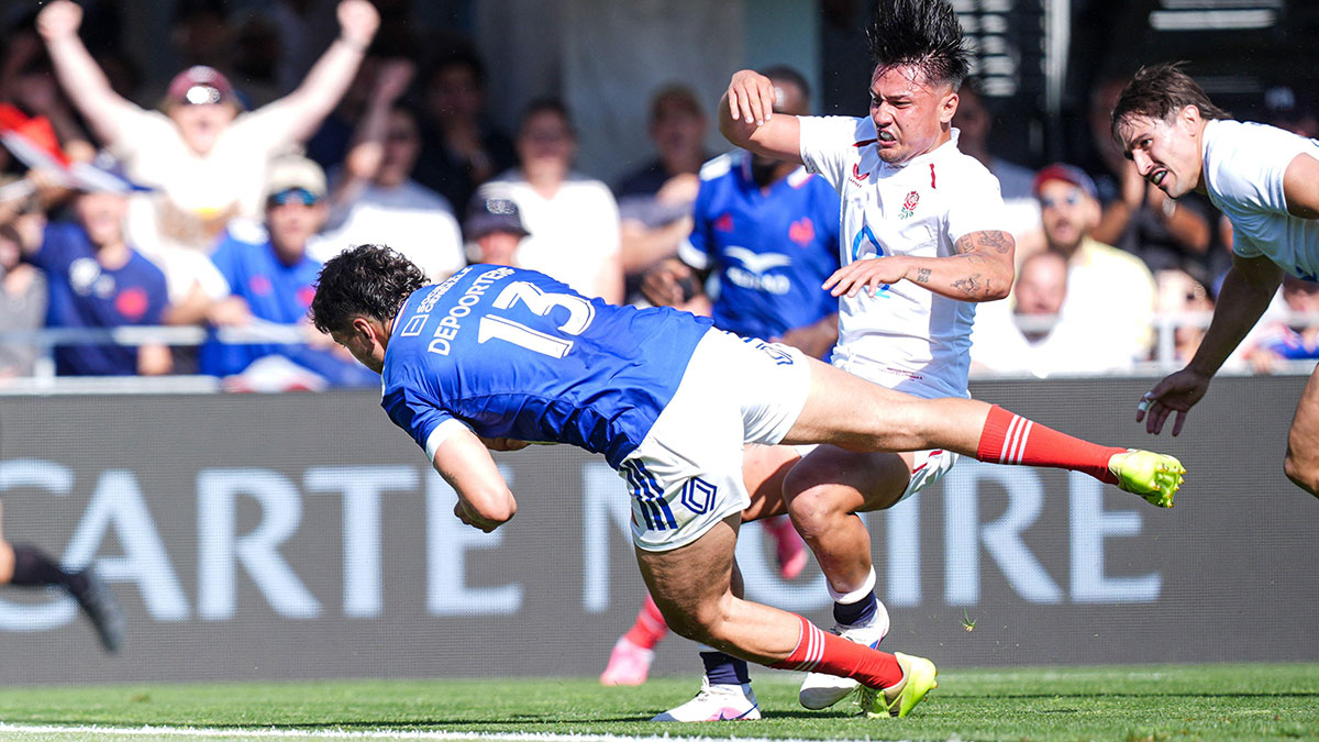 Nicolas Depoortere scores a try for France v England during 2026 summer internationals