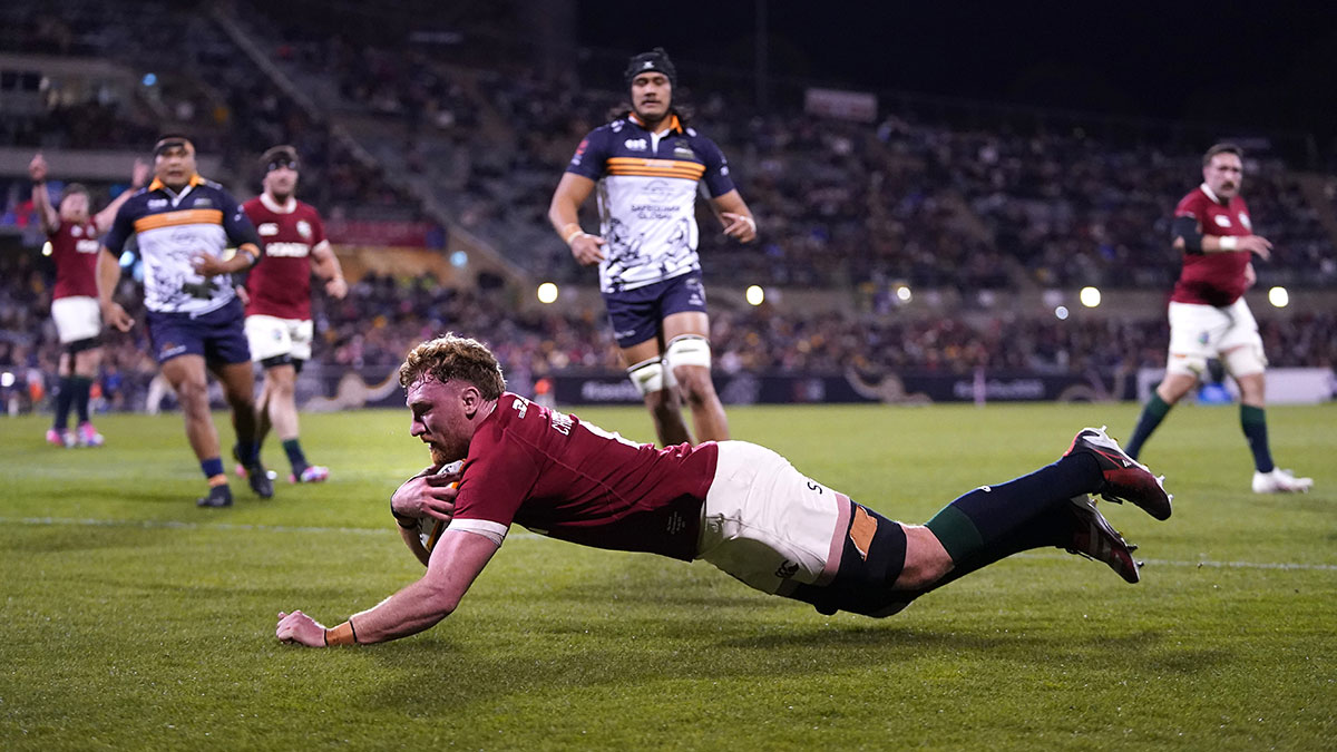 Ollie Chessum scores a try for the Lions against ACT Brumbies during 2025 Lions tour