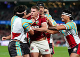 Owen Farrell and Charlie Gamble square off during First Nations and Pasifika XV match on 2025 Lions tour