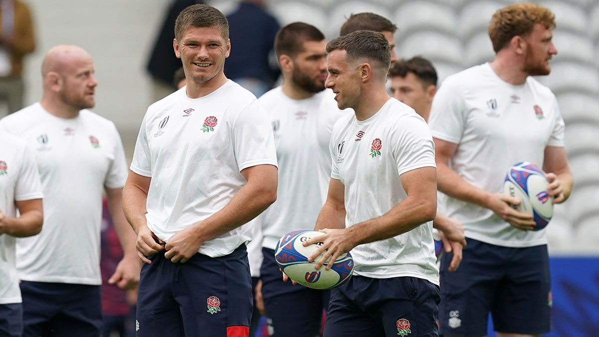 Owen Farrell and George Ford during England training session before Chile match at 2023 Rugby World Cup