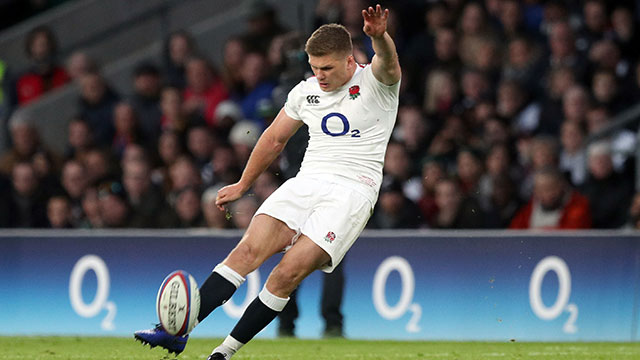 Owen Farrell kicks a penalty for England against South Africa