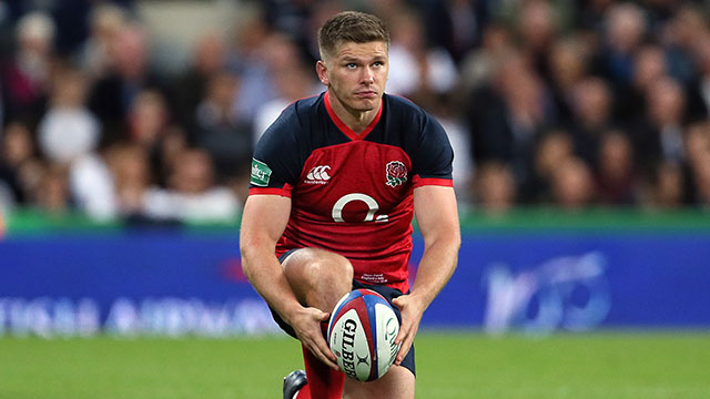 Owen Farrell lines up a kick during the England v Italy warm up match in Newcastle