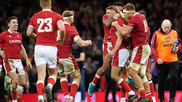 Rhys Priestland is congratulated by team mates after kicking a winning penalty for Wales v Australia in 2021 autumn internationals