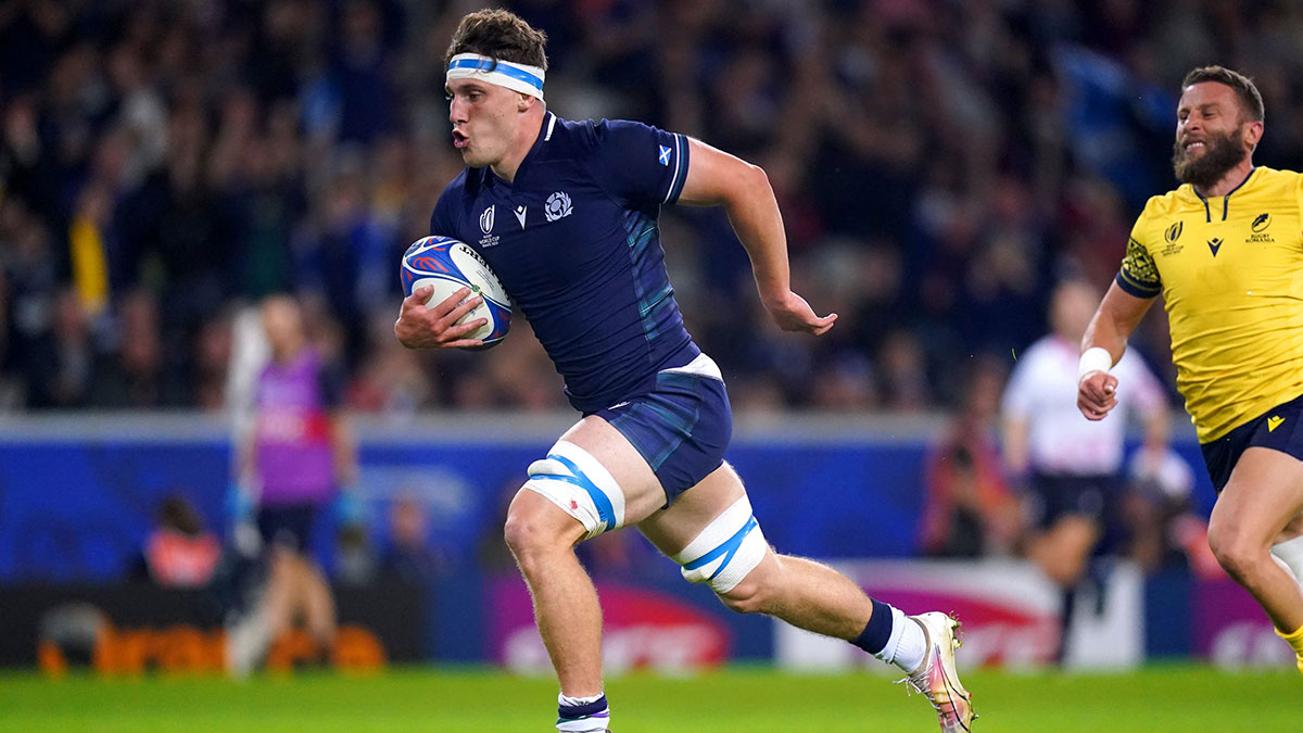 Rory Darge in action for Scotland v Romania at 2023 Rugby World Cup