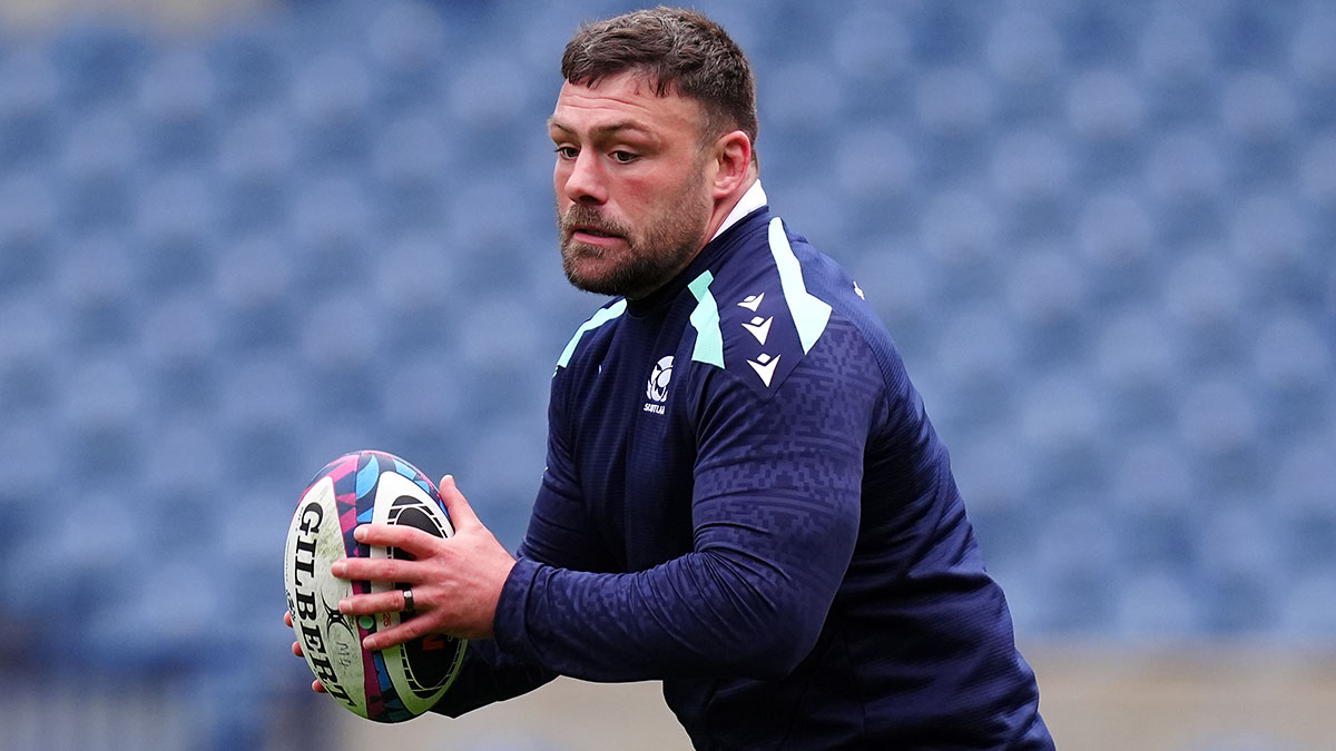 Rory Sutherland at training session before Scotland v Wales match in 2025 Six Nations