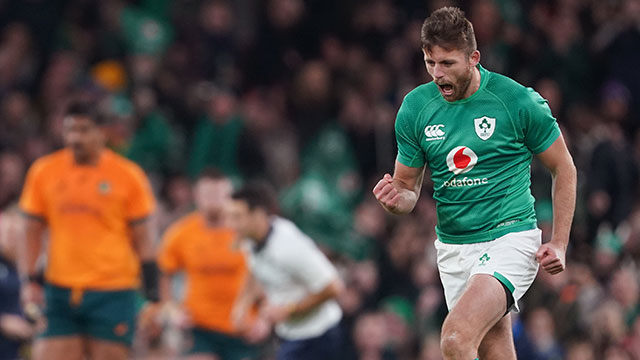 Ross Byrne celebrates a penalty kick for Ireland v Australia in 2022 Autumn Internationals