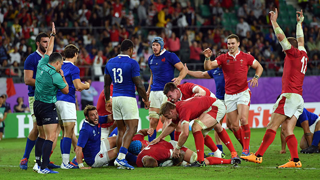 Ross Moriarty scores a try for Wales v France in World Cup quarter final