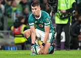 Sam Prendergast lines up a kick during Ireland v Fiji match in 2024 autumn internationals