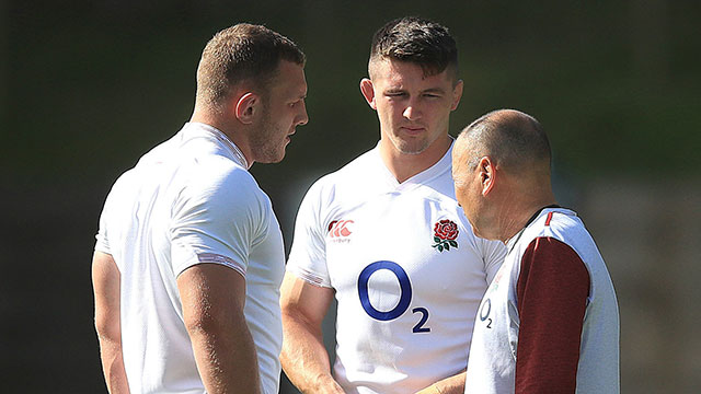 Sam Underhill, Tom Curry and head coach Eddie Jones during an England training session