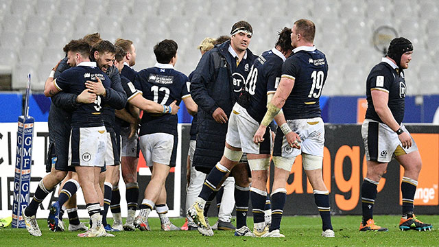 Scotland players celebrate after victory over France in 2021 Six Nations