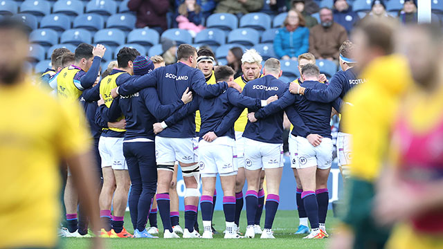 Scotland players in huddle before match against Australia in 2021 autumn internationals