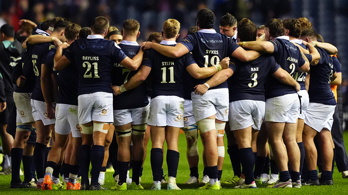 Scotland players in huddle during match against New Zealand in 2025 Autumn Internationals
