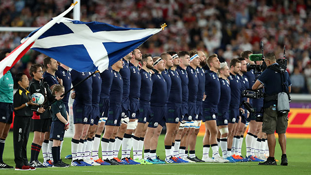 Scotland players line up against Japan at Rugby World Cup