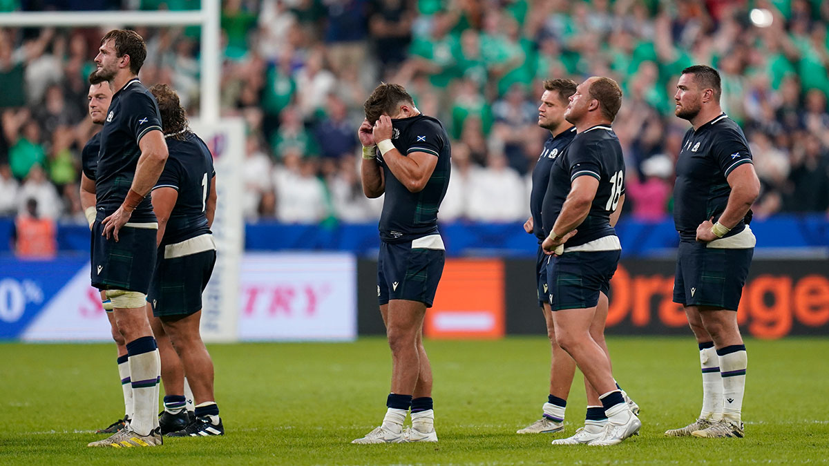 Scotland players look dejected after defeat to Ireland at 2023 Rugby World Cup