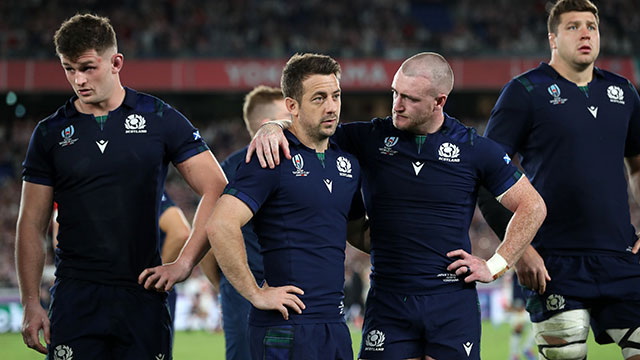 Scotland players look dejected after they lost to Japan at World Cup