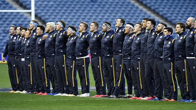 Scotland team line up during anthems before facing France in 2020 Autumn Nations Cup