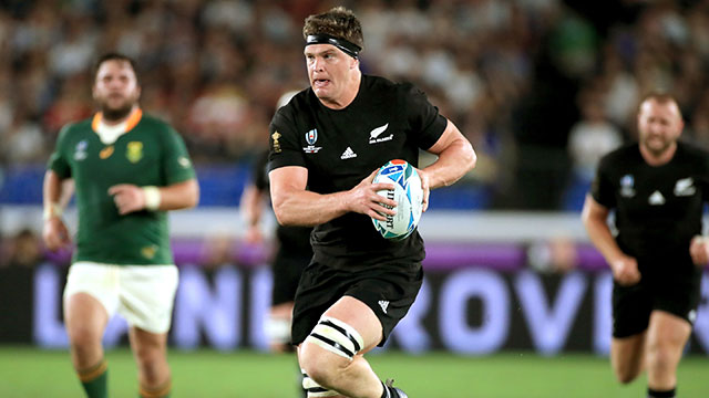 Scott Barrett breaks clear to score a try for New Zealand v South Africa in World Cup pool match
