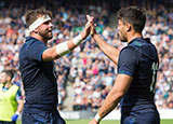 Sean Maitland celebrates with Ryan Wilson after scoring a try for Scotland v France in World Cup warm up