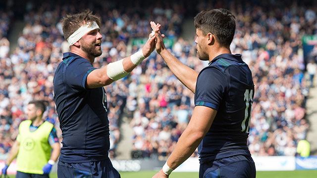 Sean Maitland celebrates with Ryan Wilson after scoring a try for Scotland v France in World Cup warm up