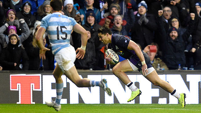 Sean Maitland dives in to score a try for Scotland v Argentina