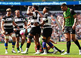 Seta Tamanivalu celebrates scoring a try for Barbarians v World XV in 2023 Killik Cup match at Twickenham