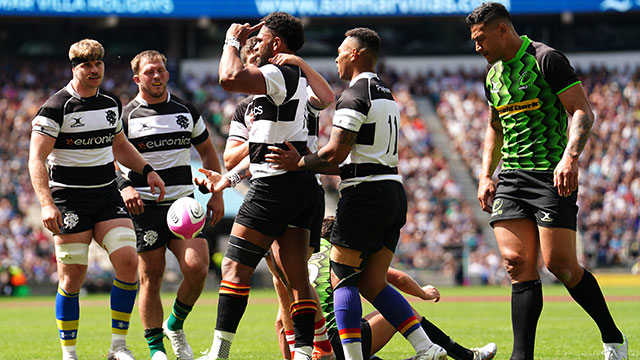 Seta Tamanivalu celebrates scoring a try for Barbarians v World XV in 2023 Killik Cup match at Twickenham