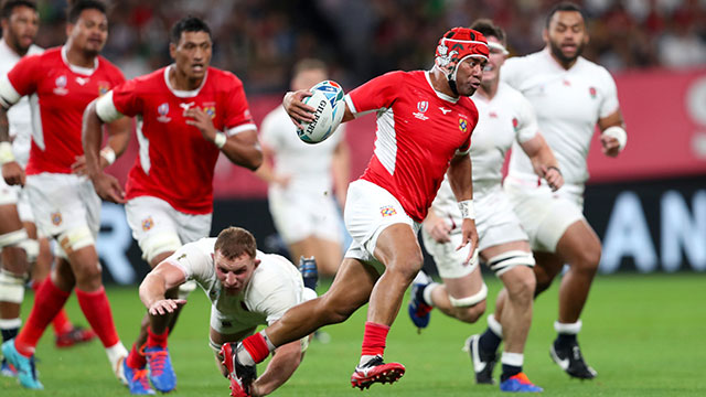 Siale Piutau in action for Tonga during a match against England at 2019 Rugby World Cup