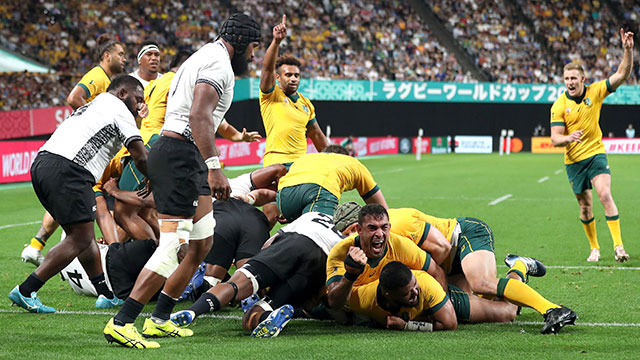 Silatolu Latu scores his second try for Australia v Fiji in World Cup