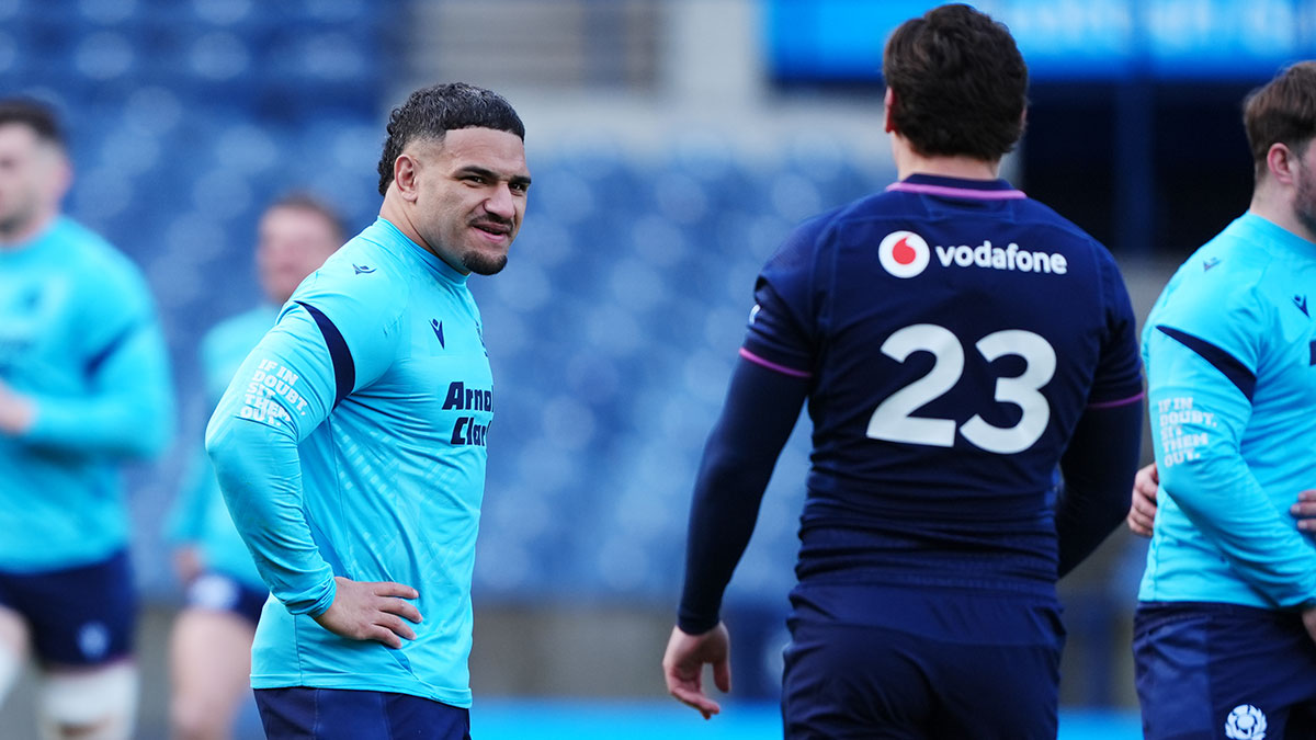 Sione Tuipulotu at team run ahead of Scotland v France match during 2026 Six Nations