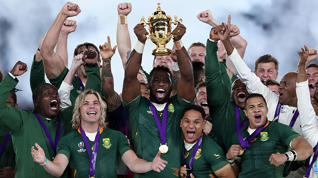 Siya Kolisi lifts the Webb Ellis cup after South Africa beat England to win Rugby World Cup