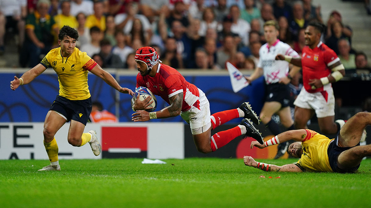 Solomone Kata scores a try for Tonga v Romania at 2023 Rugby World Cup